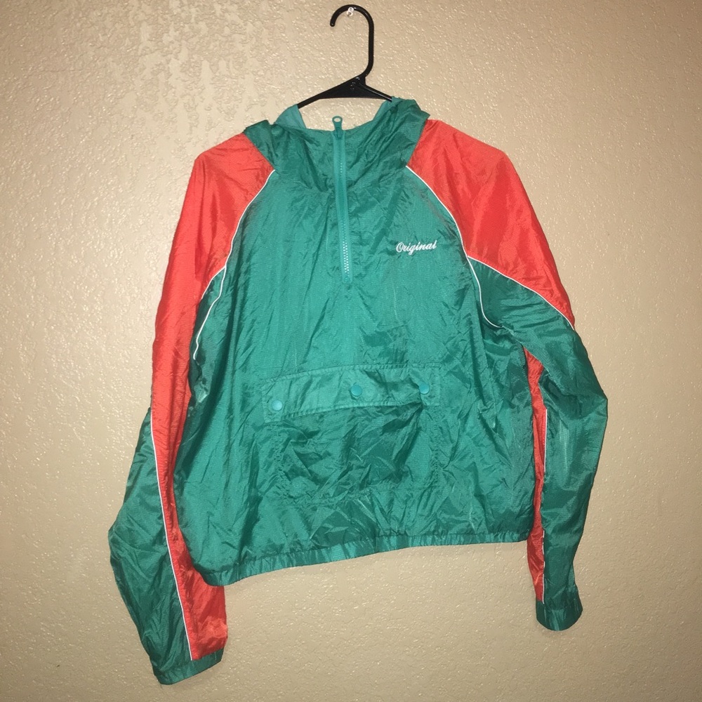 Orange and blue hooded windbreaker w. Front pouch